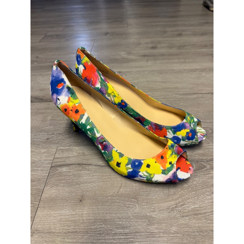Liz Claiborne Floral Peep Toe Pumps Multicolor Watercolor Heels Womens 11M